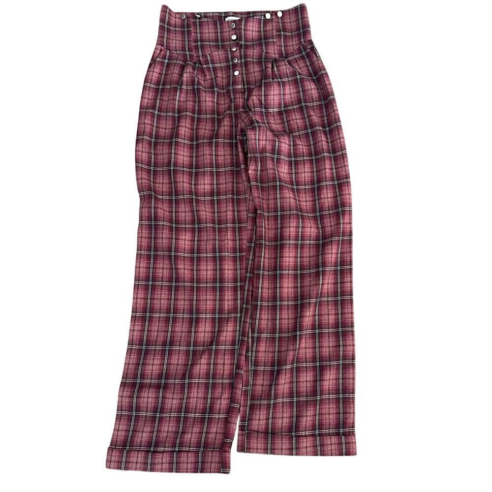 NWT Unique Vintage Wide Leg Pants Plaid Print High Rise Burgundy Size XL